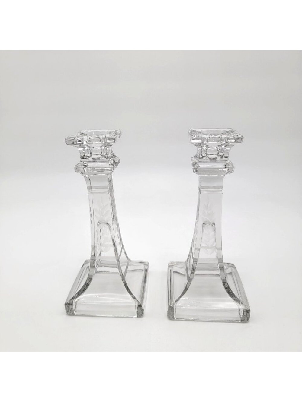 Antique Etched Glass Candlesticks Pair